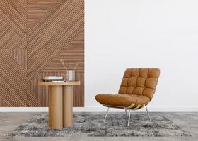 sillón de cuero marrón en un interior contemporáneo. Muebles de cuero modernos, elegantes y de alta calidad. materiales naturales representación 3d foto