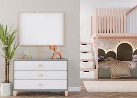 Empty horizontal picture frame on beige wall in modern child room. Mock up interior in contemporary, scandinavian style. Free, copy space for picture. Bed, toys. Cozy room for kids. 3D rendering. photo