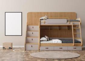 Empty vertical picture frame on brown wall in modern child room. Mock up interior in contemporary, scandinavian style. Free, copy space for picture. Bed, toys. Cozy room for kids. 3D rendering. photo