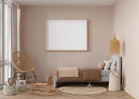Empty horizontal picture frame on beige wall in modern child room. Mock up interior in boho style. Free, copy space for your picture. Bed, rattan chair, toys. Cozy room for kids. 3D rendering. photo