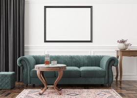 Empty horizontal picture frame on white wall in modern living room. Mock up interior in classic style. Free, copy space for your picture, poster. Sofa, table, parquet floor, carpet. 3D rendering. photo