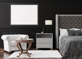 Empty horizontal picture frame on black wall in modern bedroom. Mock up interior in classic style. Free, copy space for your picture, poster. Template for your artwork. Bed, armchair. 3D rendering. photo