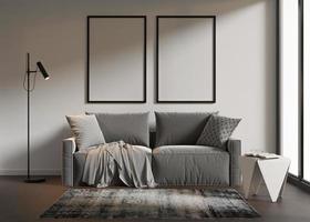 dos marcos verticales vacíos en la pared blanca en la sala de estar moderna. interior simulado en estilo escandinavo contemporáneo. copie el espacio para la imagen, el póster. sofá, mesa, alfombra, lámpara. representación 3d foto