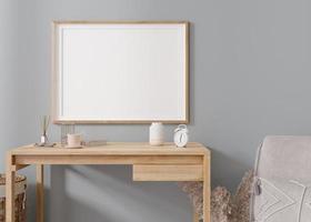 Empty horizontal picture frame on gray wall in modern living room. Mock up interior in contemporary style. Copy space for your picture, poster. Template for your artwork. Wooden table, vase. 3D render photo