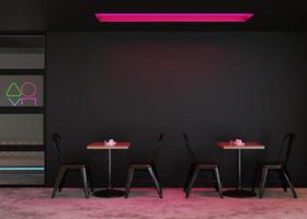 Empty black wall in modern cafe. Mock up restaurant interior in contemporary style. Free, copy space for your advertising banner, artwork, picture, text, or other design. Empty space. 3D rendering.