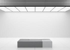 Empty white wall in modern art gallery. Mock up interior in minimalist style. Free, copy space for your artwork, picture, text, or another design. Empty exhibition space. 3D rendering. photo