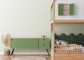 Empty light green wall in modern child room. Mock up interior in scandinavian style. Copy space for your picture or poster. Bed, sideboard, rattan basket. Cozy room for kids. 3D rendering. photo