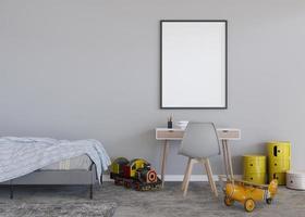 Empty vertical picture frame on gray wall in modern child room. Mock up interior in contemporary, scandinavian style. Free, copy space for your picture. Bed, desk, toys. Cozy room for kids. 3D render. photo