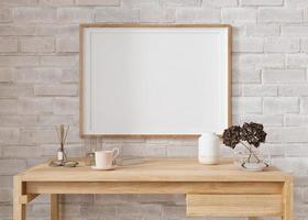 Empty horizontal picture frame on white brick wall in modern living room. Mock up interior in minimalist, contemporary style. Free space for your picture, poster. Wooden table, vase. 3D rendering. photo