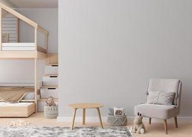 Empty gray wall in modern child room. Mock up interior in contemporary, scandinavian style. Copy space for your artwork, picture or poster. Bed, armchair, table. Cozy room for kids. 3D rendering. photo
