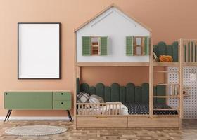 Empty vertical picture frame on brown wall in modern child room. Mock up interior in contemporary, scandinavian style. Free, copy space for picture. Bed, toys. Cozy room for kids. 3D rendering. photo