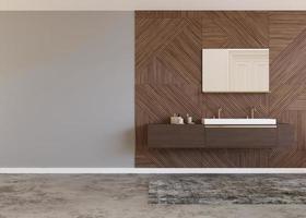 Beautiful and modern bathroom. Wooden panels. Washbasin. Home interior in contemporary style. Luxury bathroom mock up. Free, copy space for your furniture, radiator or other details. 3D rendering. photo