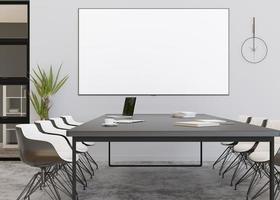 Conference room with blank, empty TV screen. Monitor mock up. Business meeting room with LCD screen for presentation, advertising. Modern, contemporary office. Free, copy space, template. 3d rendering photo