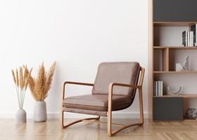Brown leather armchair in contemporary interior. Modern, stylish, high quality leather furniture. Natural material. Pampas grass in vase. 3D rendering.