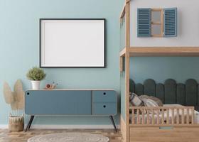 Empty horizontal picture frame on blue wall in modern child room. Mock up interior in contemporary, scandinavian style. Free, copy space for picture. Bed, toys. Cozy room for kids. 3D rendering. photo