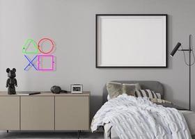 Empty horizontal picture frame on gray wall in modern child or teenie room. Mock up interior in contemporary style. Free, copy space for picture, poster. Bed, sideboard. Cozy room for kids. 3D render. photo