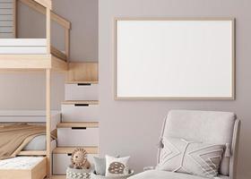 Empty horizontal picture frame on beige wall in modern child room. Mock up interior in contemporary, scandinavian style. Free, copy space for picture. Close up view. Cozy room for kids. 3D rendering. photo