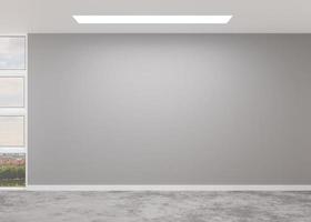 Empty room, concrete floor and gray wall. Only wall and floor. Mock up interior. Panoramic window. Free, copy space for your furniture, picture, decoration and other objects. 3D rendering. photo