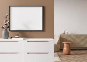 Empty black horizontal picture frame on brown wall in modern living room. Mock up interior in contemporary style. Free, copy space for your picture, poster. Sideboard, vase, cotton plant. 3D render. photo