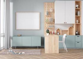 Empty horizontal picture frame on blue wall in modern child room. Mock up interior in contemporary, scandinavian style. Free, copy space for picture. Desk, toys. Cozy room for kids. 3D rendering. photo