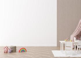 maqueta de presentación de papel tapiz para habitación de niños. pared blanca vacía en la habitación infantil moderna. copie el espacio para su diseño de papel tapiz, pegatinas de pared u otra decoración. interior en estilo escandinavo. representación 3d foto