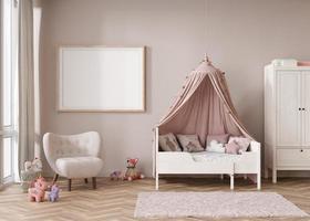 Empty horizontal picture frame on beige wall in modern child room. Mock up interior in contemporary, scandinavian style. Free, copy space for picture. Bed, toys. Cozy room for kids. 3D rendering. photo