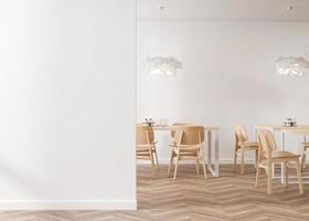 Empty white wall in modern cafe. Mock up restaurant interior in contemporary style. Free, copy space for your advertising banner, artwork, picture, text, or other design. Empty space. 3D rendering. photo