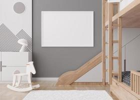 Empty horizontal picture frame on gray wall in modern child room. Mock up interior in contemporary, scandinavian style. Free, copy space for picture. Bed, toys. Cozy room for kids. 3D rendering.
