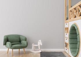 Empty gray wall in modern child room. Mock up interior in scandinavian style. Copy space for your picture or poster. Bed, armchair, rocking horse. Cozy room for kids. 3D rendering. photo