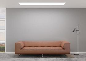 Empty gray wall in modern living room. Mock up interior in contemporary style. Copy space for picture, poster. Template for artwork. Brown leather sofa, concrete floor. Leather furniture. 3D render. photo