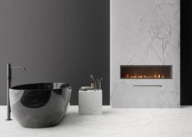 Beautiful modern bathroom with gas or electric fireplace. Contemporary style interior design. Burning fire. Cosy, relaxed atmosphere. Fireplace as a special home detail, decor. 3D rendering. photo