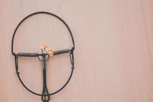 Top view of trap on the wooden background photo