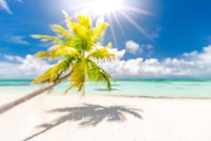 hermosa playa borrosa, palmera verde, clima soleado, rayos de sol con vista al mar azul y horizonte. paisaje de playa tropical para banner de turismo de vacaciones de verano, plantilla de sitio web de uso de concepto de bokeh borroso foto