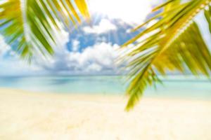 Beautiful blur beach, green palm leaf tree, sunny weather, sun rays with blue sea view and horizon. Tropical beach landscape for summer vacation tourism banner, blur bokeh concept use website template