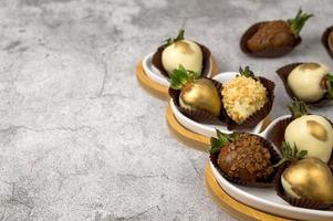 St Valentine's dessert flat lay with chocolate strawberries.Template photo