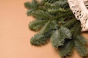 Closeup of fir tree brances in eco-friendly bag. Sustainable and aero waste winter holidays concept.Mockup photo