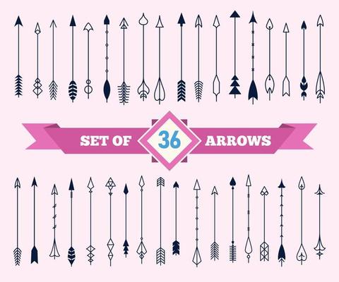 Vintage arrows in flat style for decoration. Large vector set of 36 stylized decorative arrows