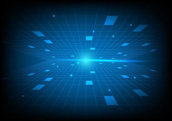 Abstract geometric perspective grid and light technology background.