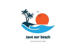 proteger guardar mano playa tropical logo diseño vector