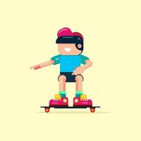 Cute kid playing skateboard in childish style. Vector Illustration. Can be used for fabric and textile, wallpapers, backgrounds, home decor, posters, cards.