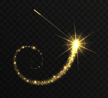 Magic wand with golden swirl and sparkles isolated on transparent background.