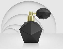 Perfume bottle on a white room with abstract background. 3d render photo
