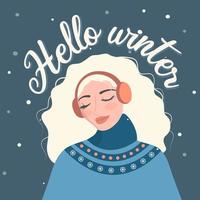 Hello winter greeting card with cute blonde girl vector