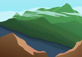 paisaje natural con río y colinas, montañas, ilustración de dibujos animados de paisaje vector