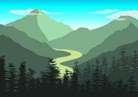 Nature scene with river and hills, forest and mountains, landscape flat illustration vector