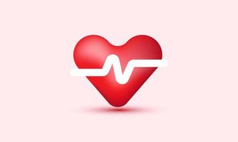 illustration icon 3d realistic red heart white pulse line isolated on background vector