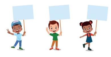 Kids holding banners. Vector boy and girl with empty banner, illustration cartoon school kid and board for text