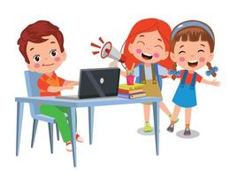 Vector Illustration Of Kids With Computer and with a friend