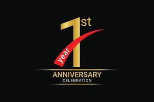 1st year anniversary golden number and red ribbon with banner design vector