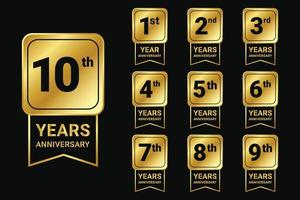 1 to 10 years Anniversary golden badge labels set collection.